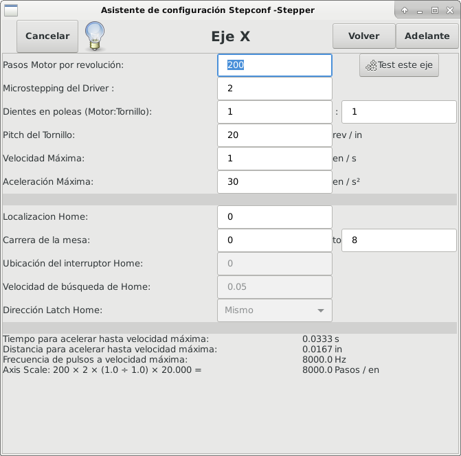 Pagina de configuracion de ejes