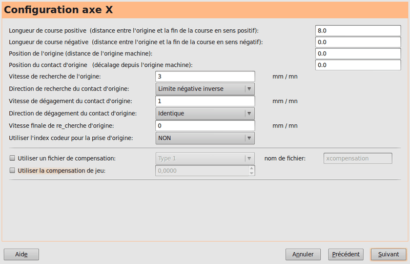 Configuration des axes