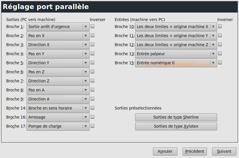 Page de réglage du port parallèle